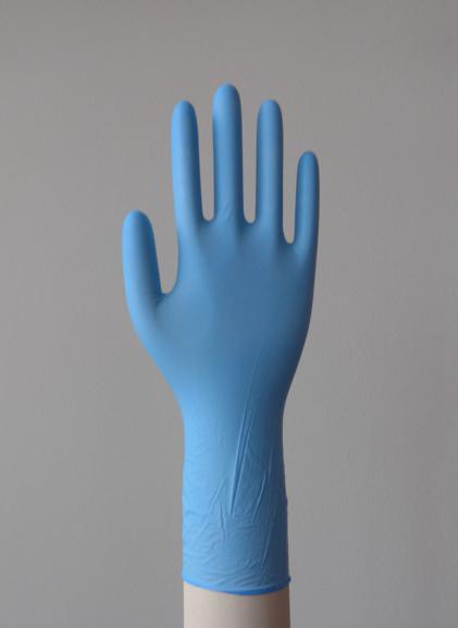 Mano guantes de nitrilo largo azul